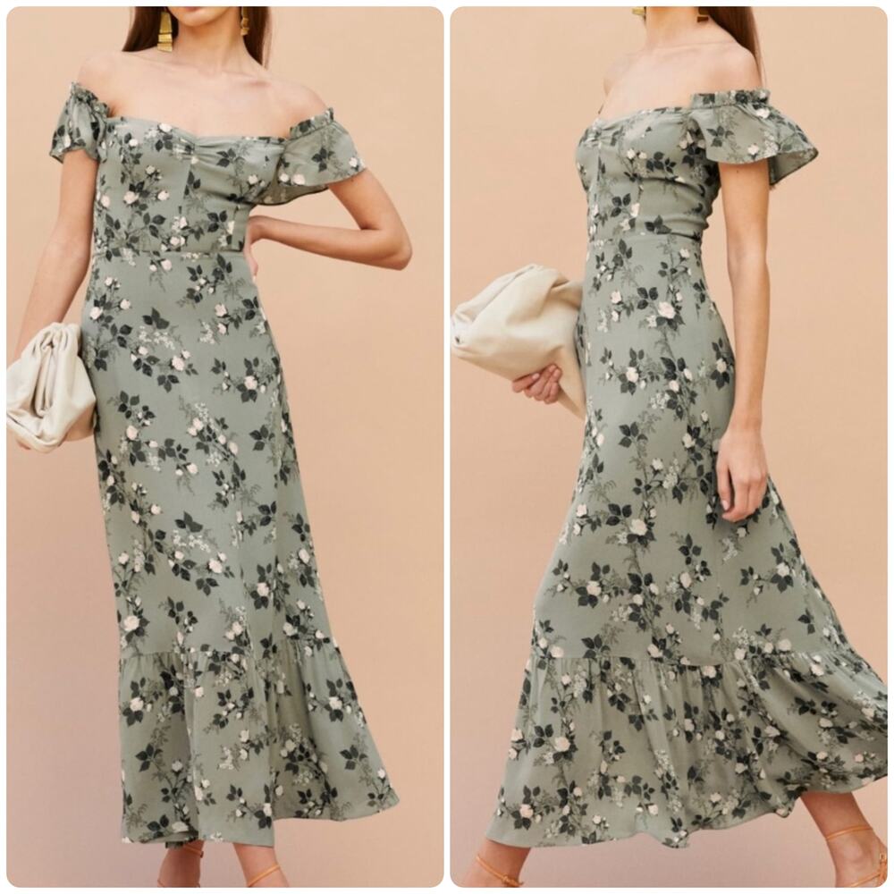 Reformation Green Floral Midi Dress